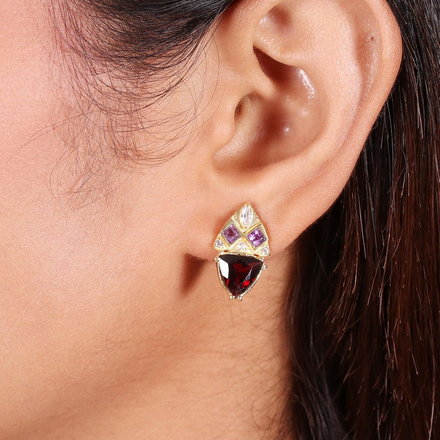 Gold Plated Brass Garnet Amethyst Stud Earrings, Cubic Zirconia Accents