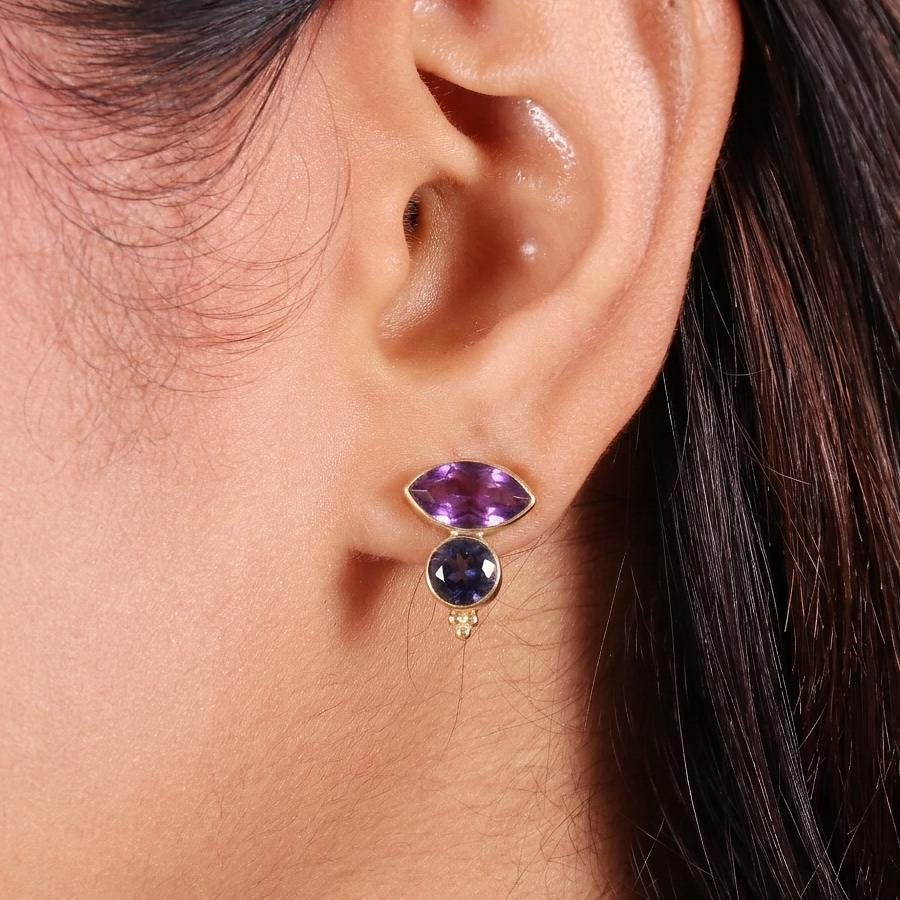 Multi Stone Gold Plated Brass Amethyst and Iolite Stud Earrings, Daily Office wear studs