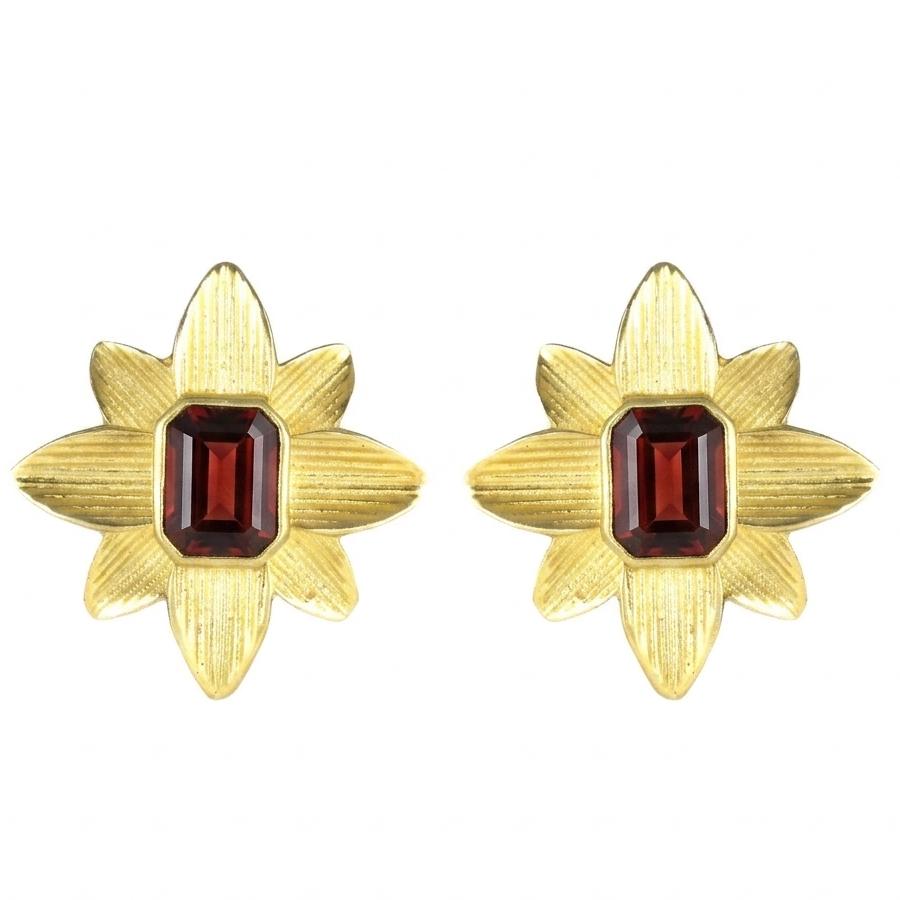 Garnet Flower Gold Plated Brass Stud Earrings, Everyday Wear (21mm)