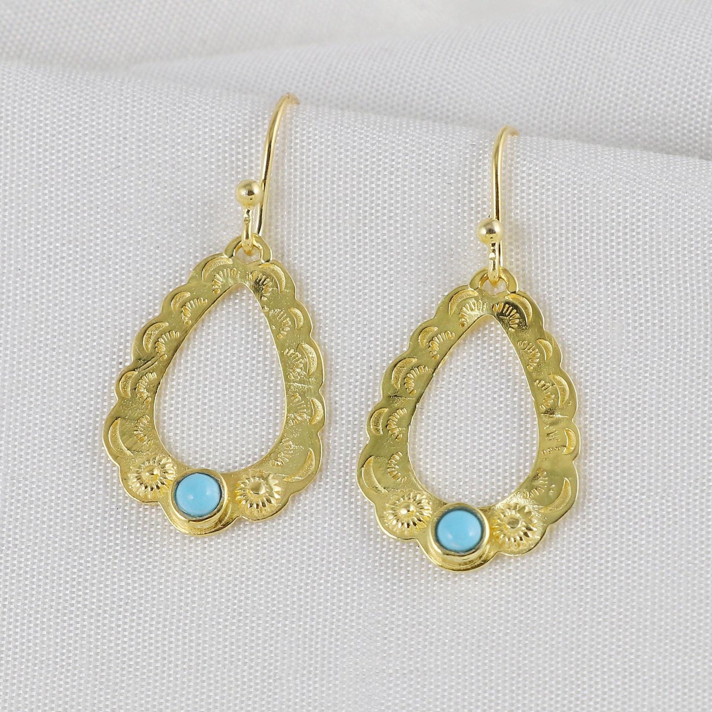 Gold Plated Brass Turquoise Hill Tribe Earrings, Office Wear Jewelry
