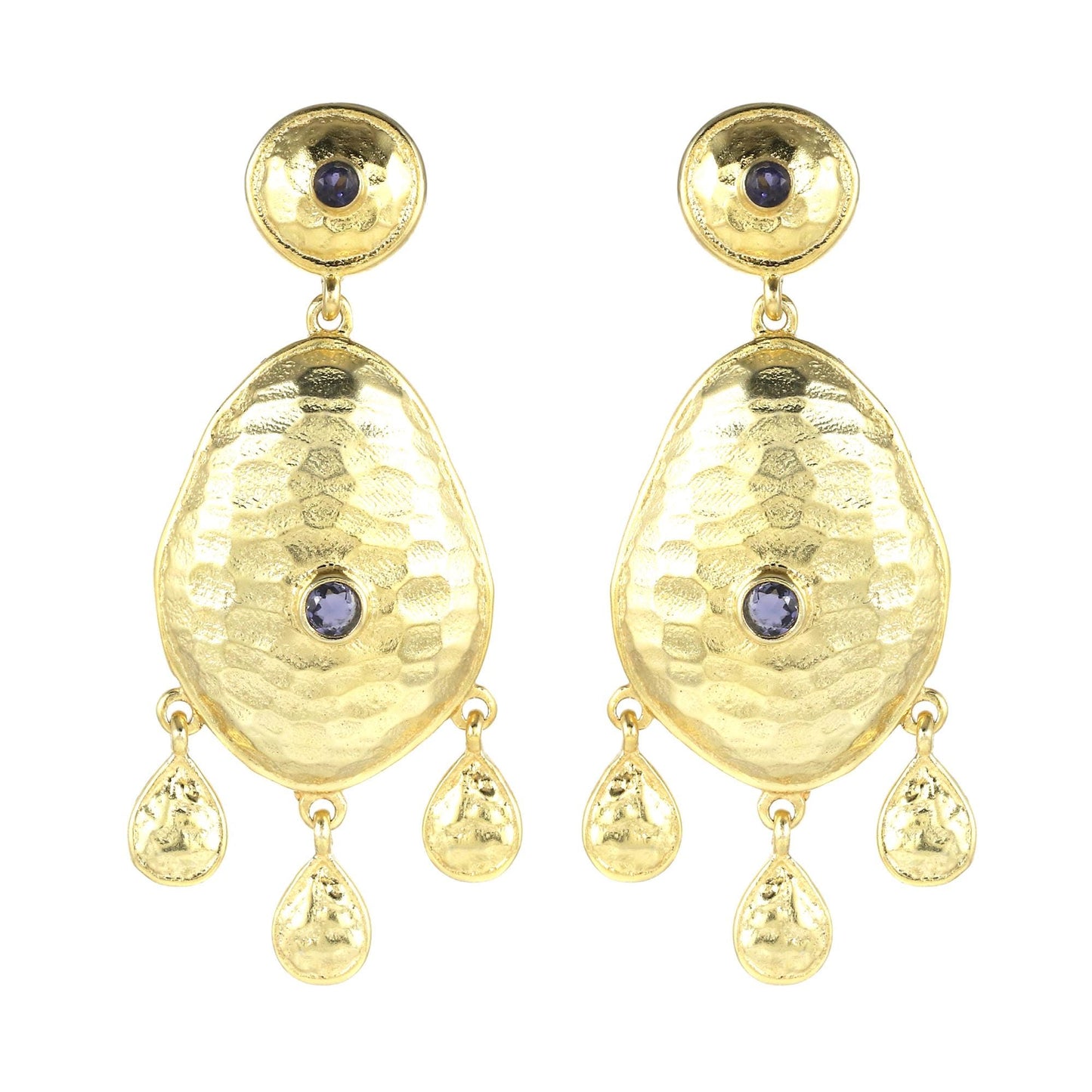 Gold Plated Brass Hammered Iolite Big Statement Earrings for Women, Party wear