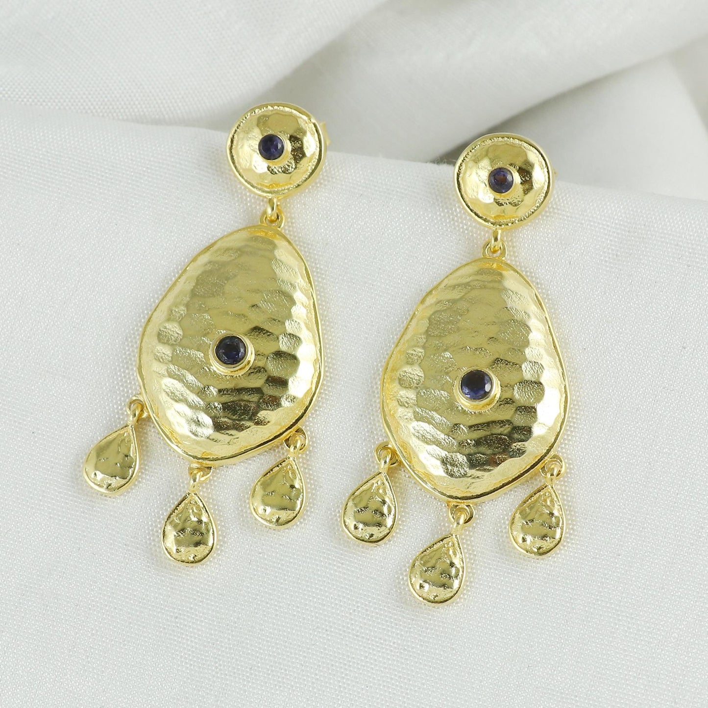 Gold Plated Brass Hammered Iolite Big Statement Earrings for Women, Party wear