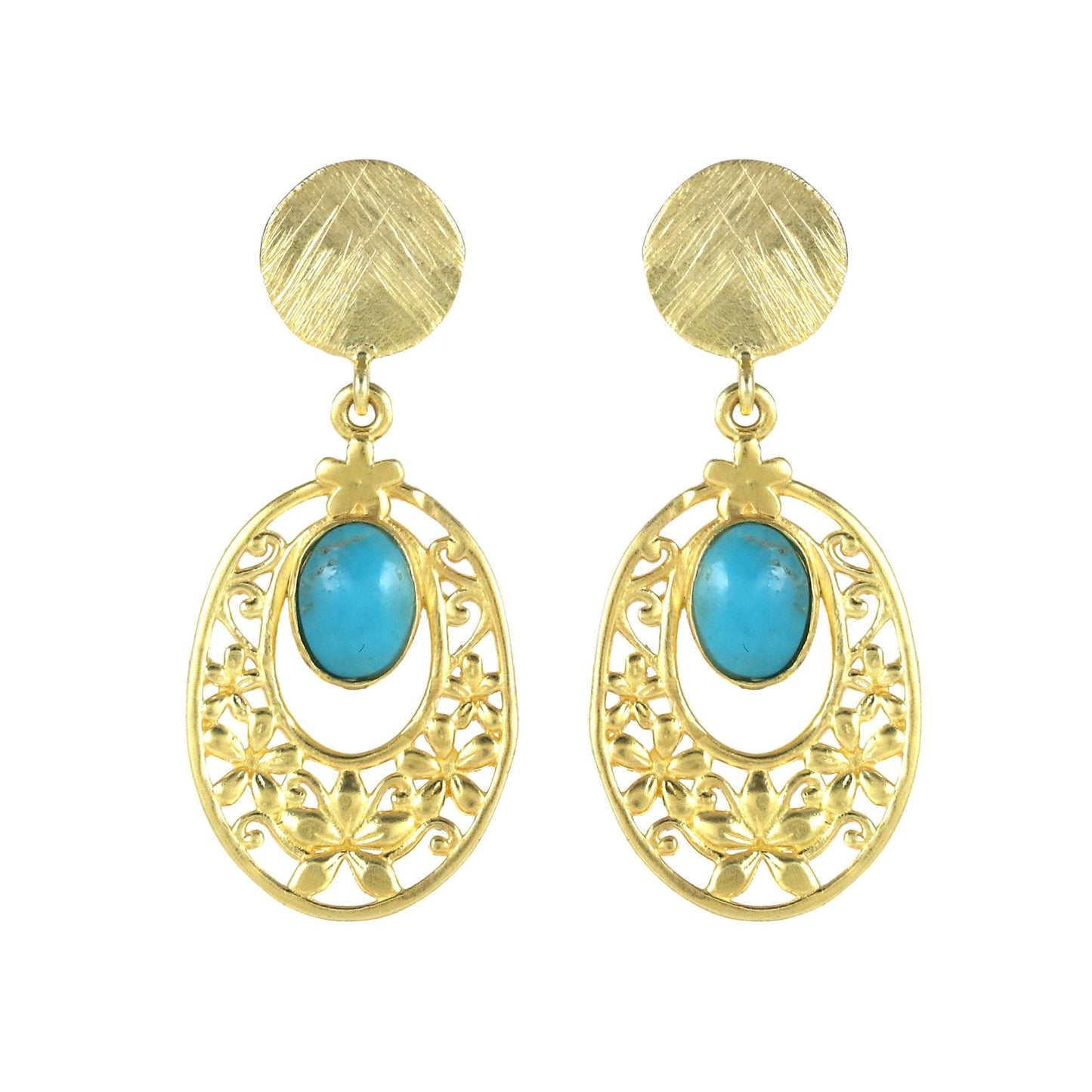 Gold Plated Brass Turquoise Floral Filigree Earrings, Party Wear Jewelry