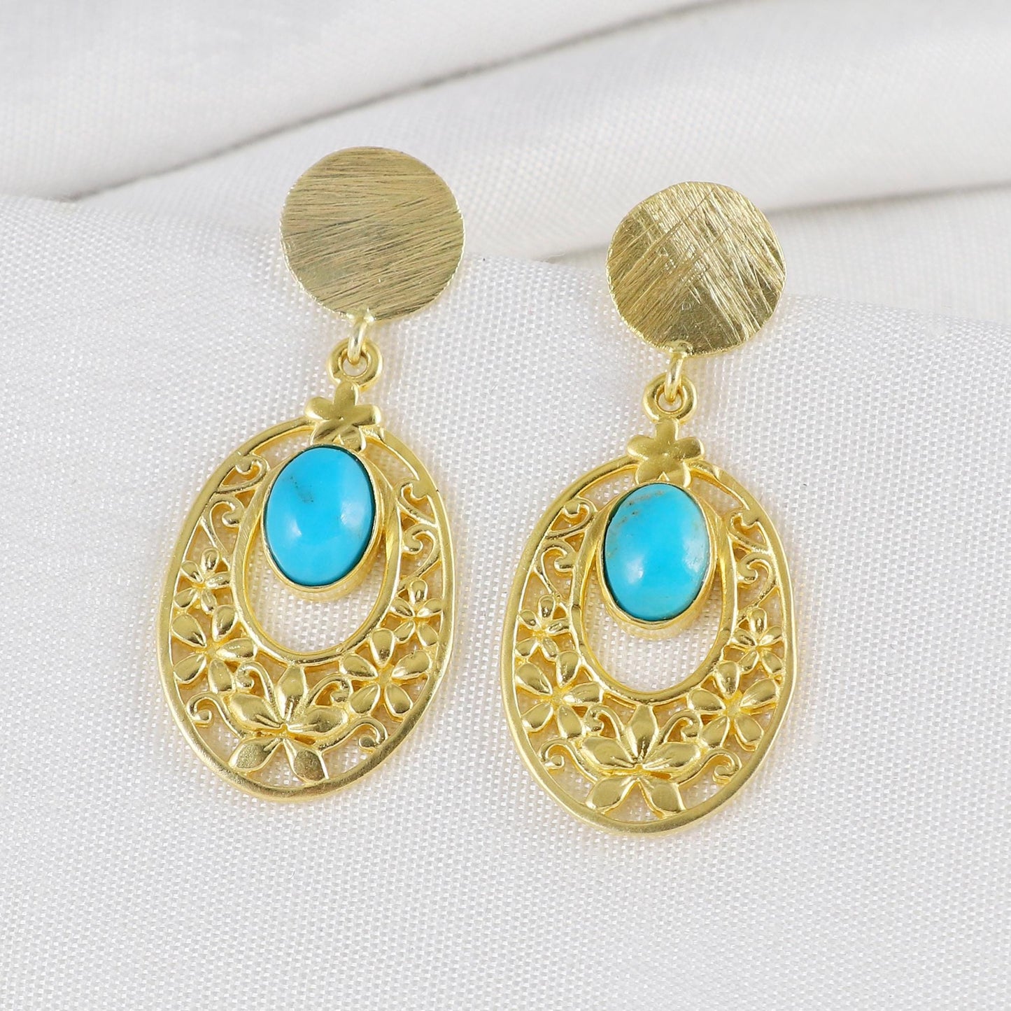 Gold Plated Brass Turquoise Floral Filigree Earrings, Party Wear Jewelry