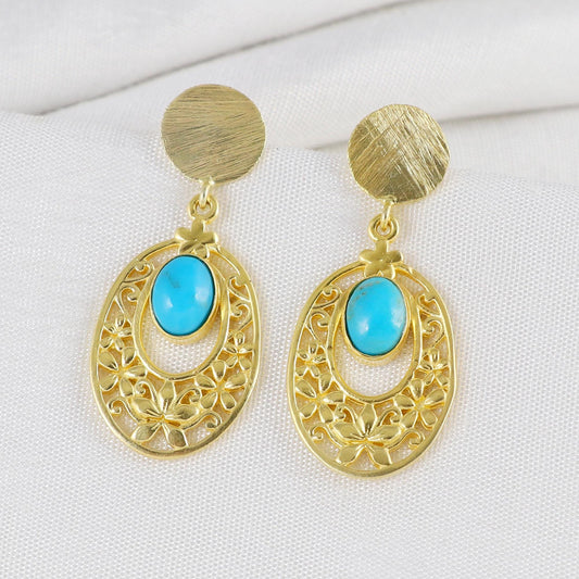 Gold Plated Brass Turquoise Floral Filigree Earrings, Party Wear Jewelry