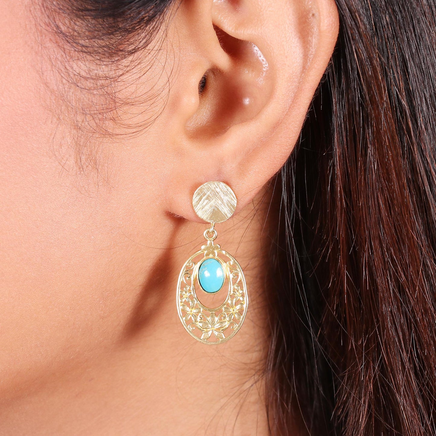 Gold Plated Brass Turquoise Floral Filigree Earrings, Party Wear Jewelry