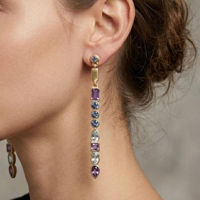 Multi Stone Gold Plated Brass Earrings, Amethyst, Blue Topaz, Iolite, Long Office Wear