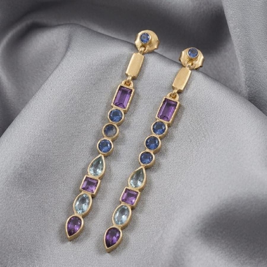 Multi Stone Gold Plated Brass Earrings, Amethyst, Blue Topaz, Iolite, Long Office Wear