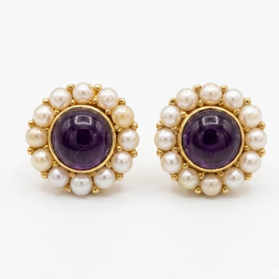 Gold Plated Amethyst Pearl Round Stud Earrings, 15mm Brass Office Wear