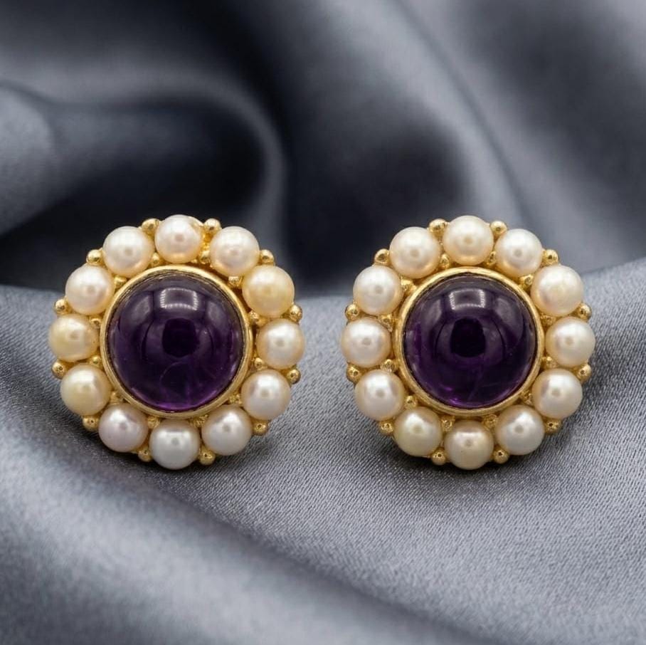 Gold Plated Amethyst Pearl Round Stud Earrings, 15mm Brass Office Wear