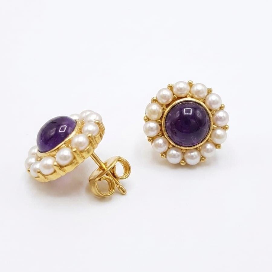 Gold Plated Amethyst Pearl Round Stud Earrings, 15mm Brass Office Wear