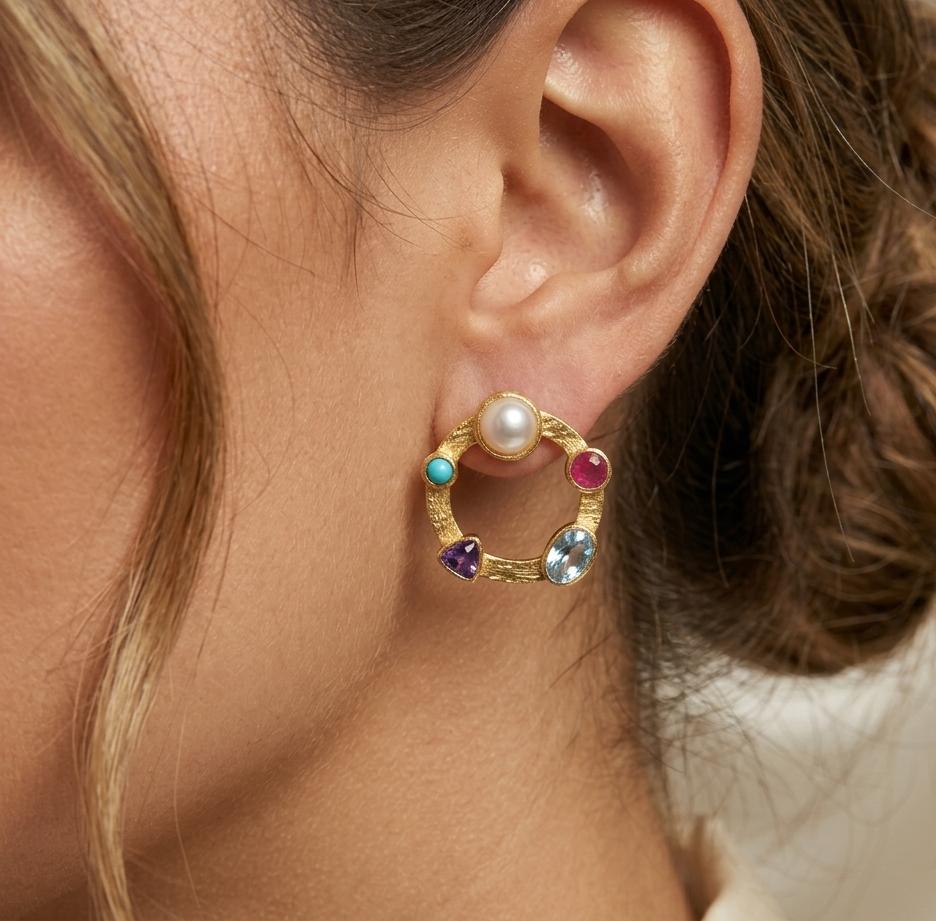Multi Gemstone Gold Plated Brass Stud Earrings, Pearl Ruby Blue Topaz Iolite Turquoise