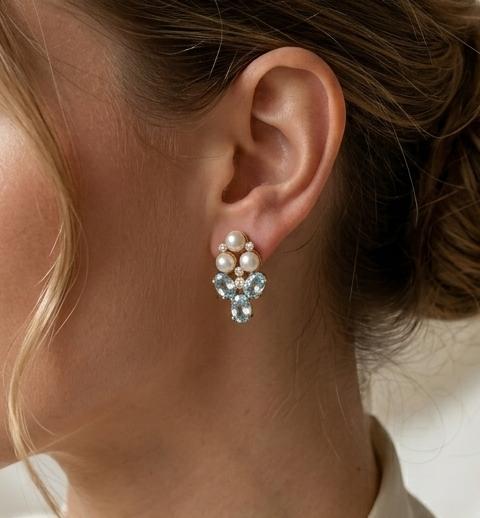 Gold Plated Brass Blue Topaz Pearl Stud Earrings with Cubic Zirconia