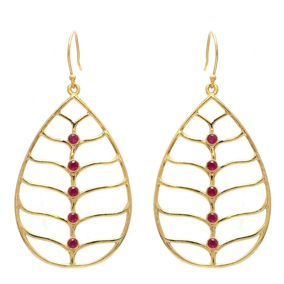 Big Teardrop Feather Style Gold Plated Brass Ruby Earrings, Pink gemstone statement pair
