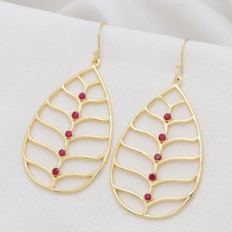 Big Teardrop Feather Style Gold Plated Brass Ruby Earrings, Pink gemstone statement pair