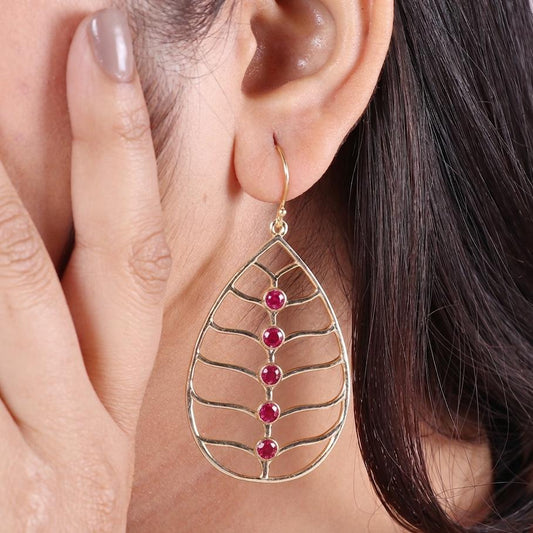 Big Teardrop Feather Style Gold Plated Brass Ruby Earrings, Pink gemstone statement pair