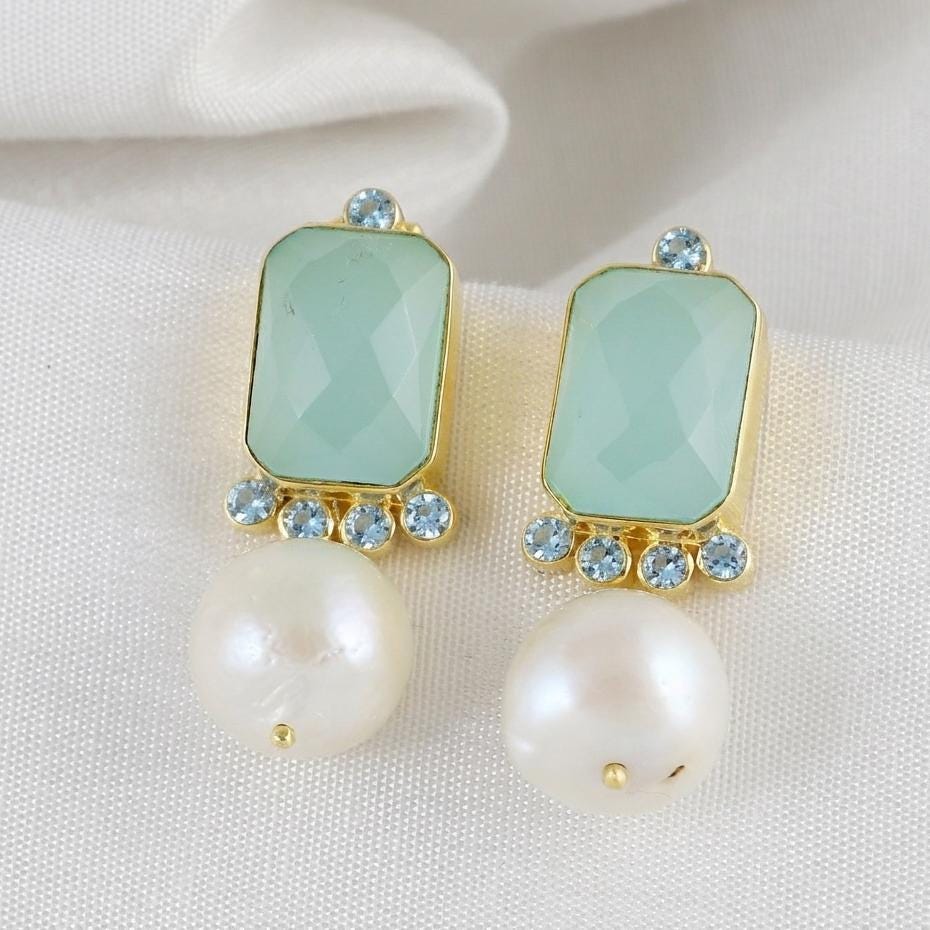 Chalcedony, Pearl and Blue Topaz Gold plated brass earrings, Statement everyday wear jewelry