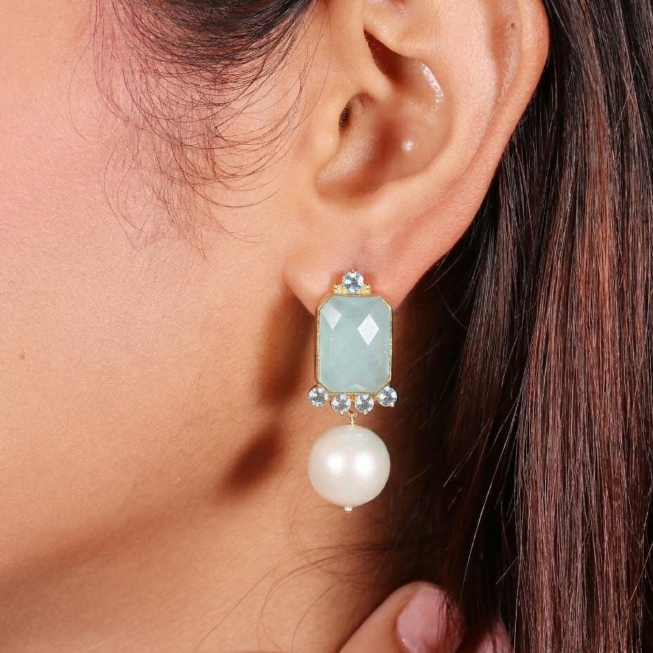 Chalcedony, Pearl and Blue Topaz Gold plated brass earrings, Statement everyday wear jewelry