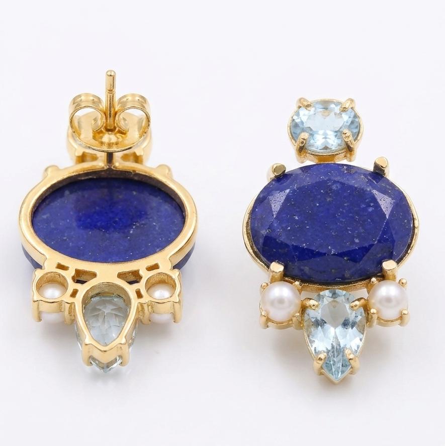 Gold Plated Lapis Blue Topaz Pearl Statement Earrings, Brass Base