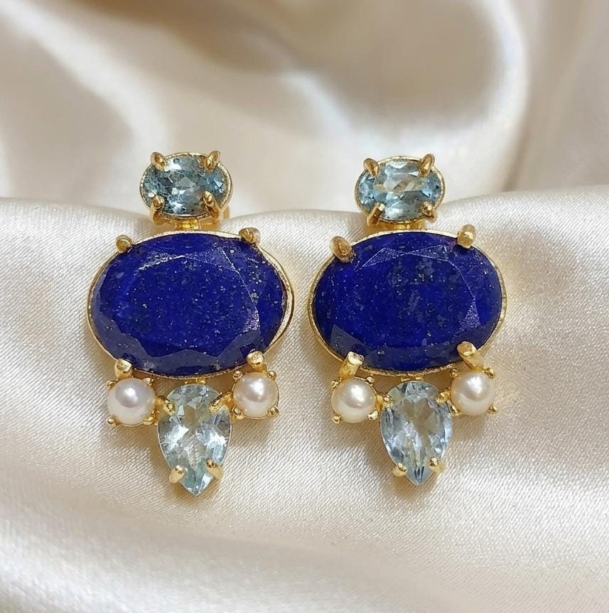 Gold Plated Lapis Blue Topaz Pearl Statement Earrings, Brass Base