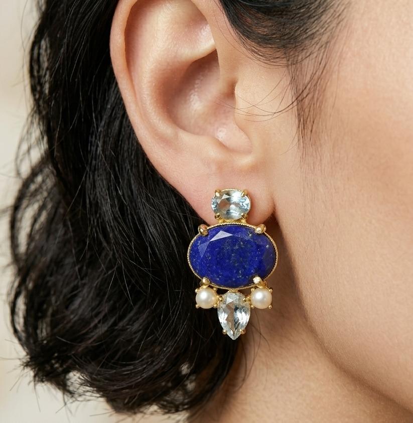 Gold Plated Lapis Blue Topaz Pearl Statement Earrings, Brass Base