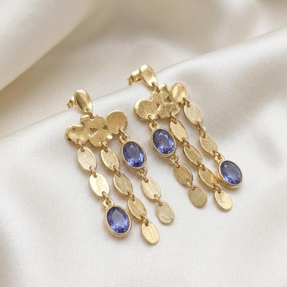 Gold Plated Brass Chandelier Earrings, Blue Iolite Gemstone Statement Pair