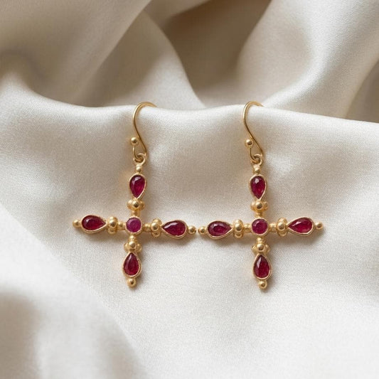 Gold Plated Brass Ruby Earrings, Cross shape pink stone everyday wear