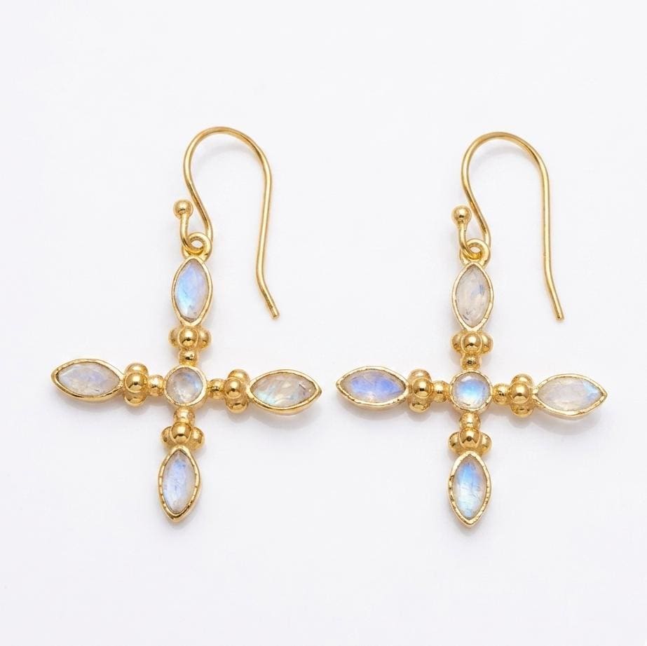 Gold Plated Brass Rainbow Moonstone Earrings, Daily wear casual cross earrings