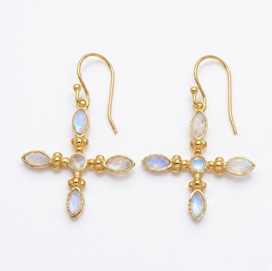 Gold Plated Brass Rainbow Moonstone Earrings, Daily wear casual cross earrings