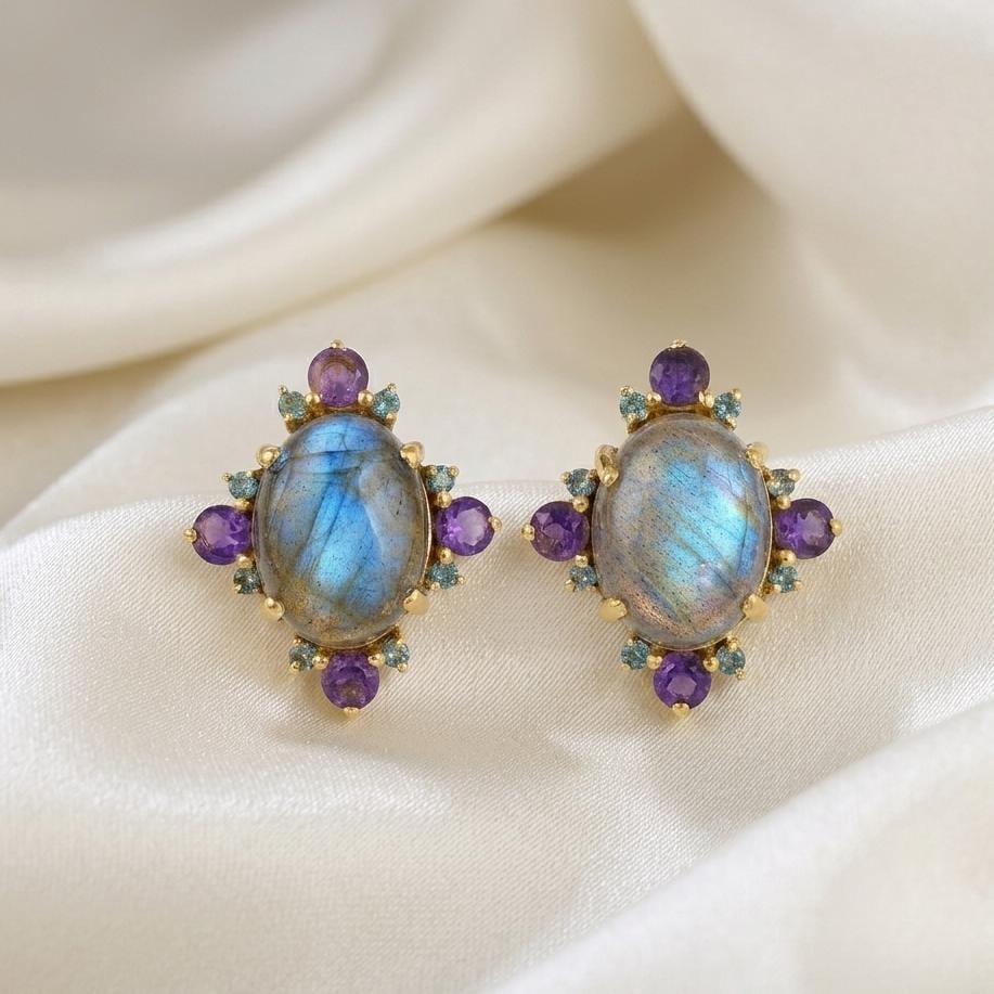 Gold Plated Brass Labradorite, Blue Topaz and Amethyst Statement Earrings, Multiple Stone Statement Studs