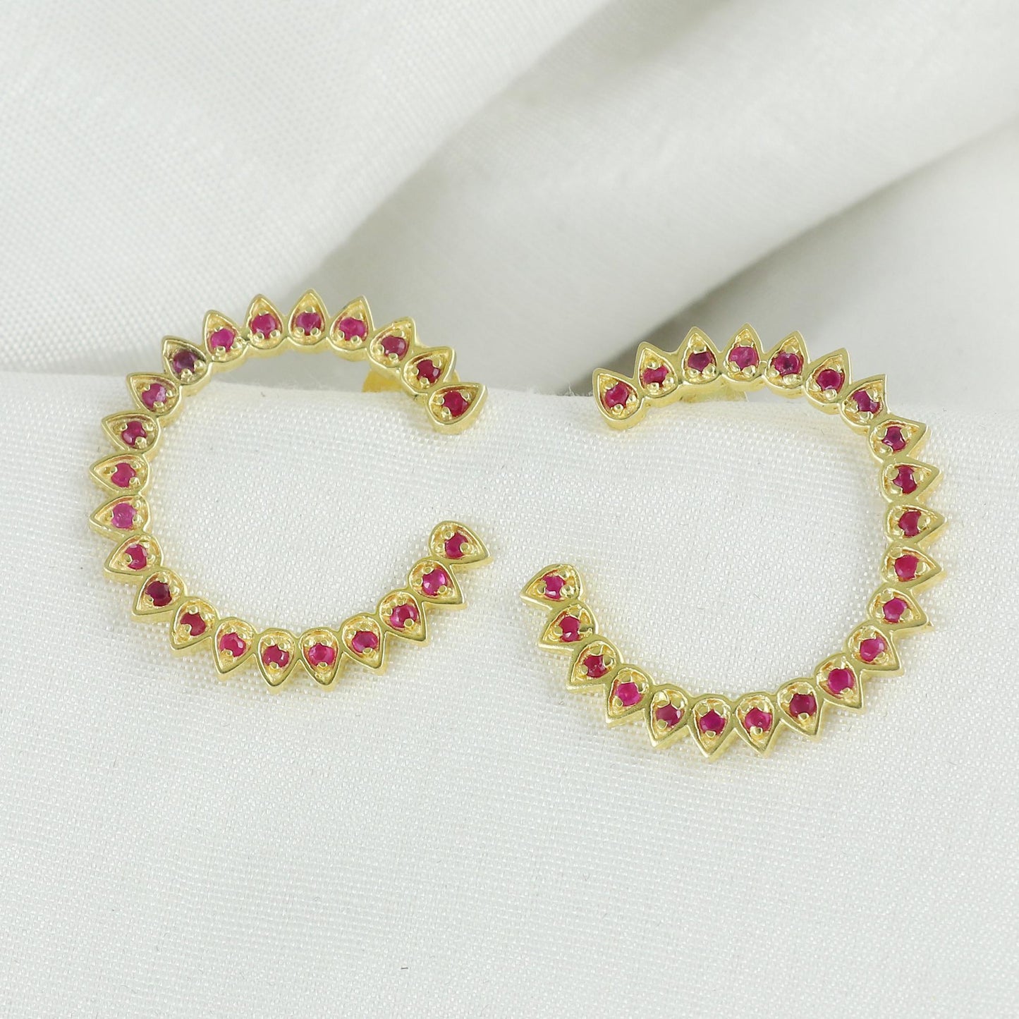 Gold Plated Brass Ruby Hoop Earrings, 22mm Round, Minimal Daily Wear