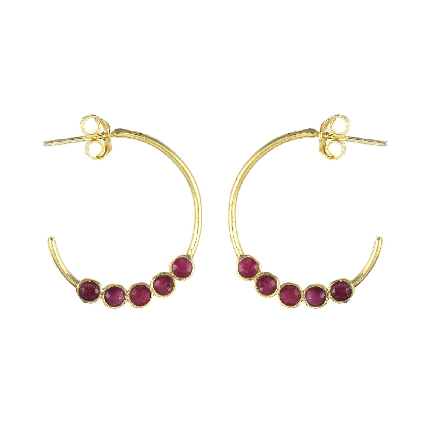 Gold Plated Brass Ruby Hoop Earrings, Minimal Daily Wear, 24mm Round Gemstone Pair
