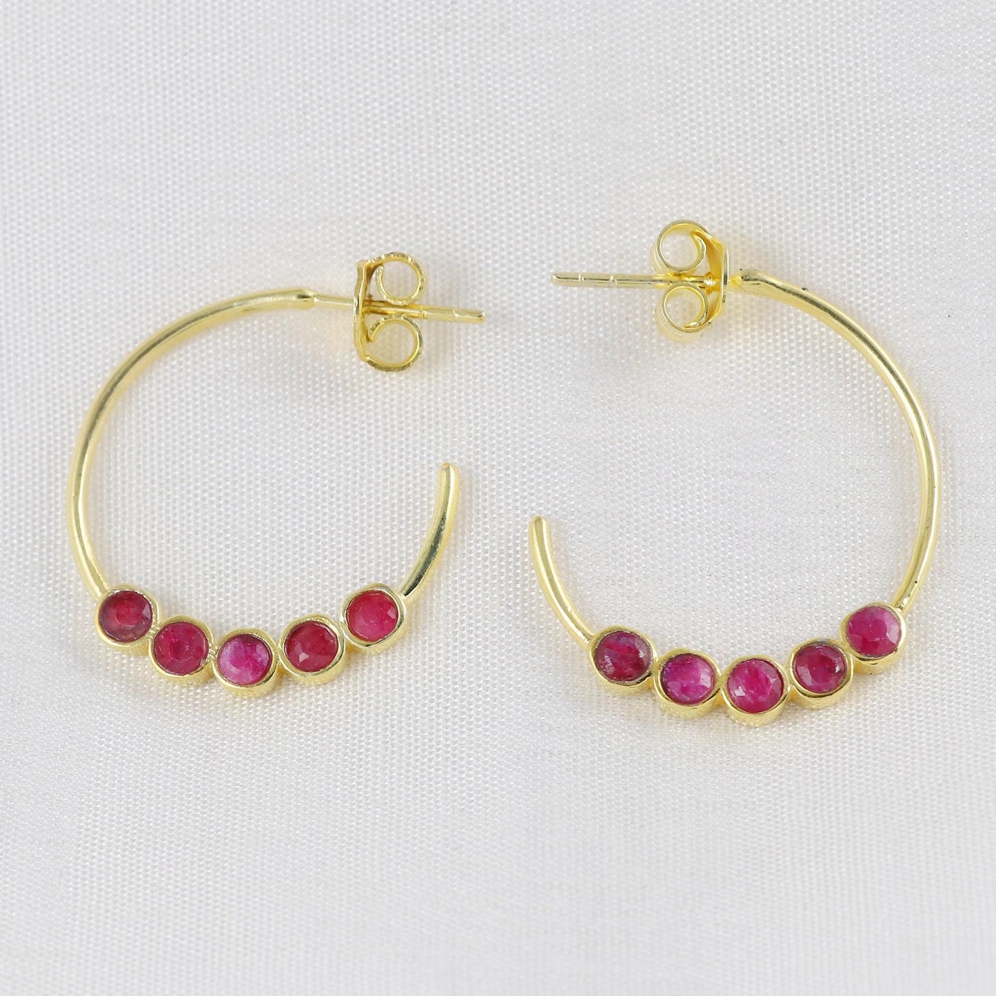Gold Plated Brass Ruby Hoop Earrings, Minimal Daily Wear, 24mm Round Gemstone Pair