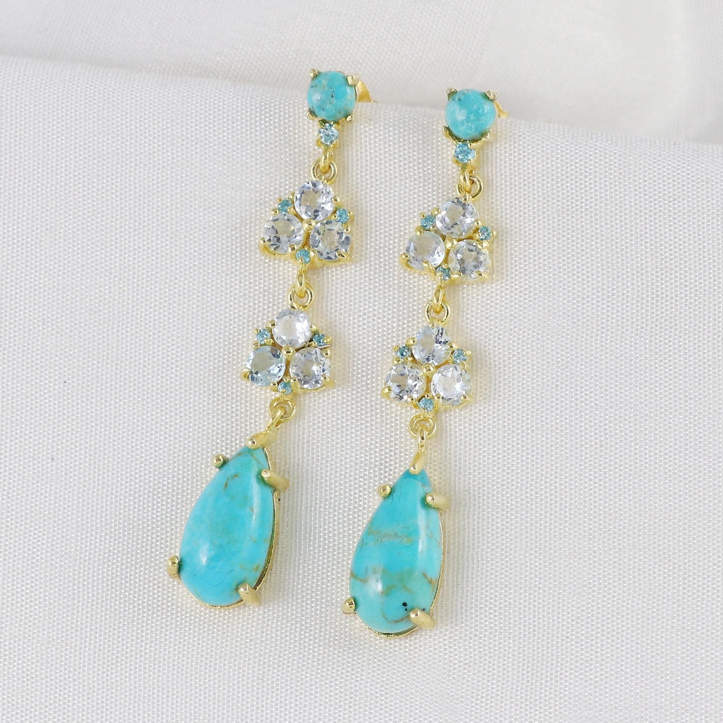 Gold Plated Brass Blue Topaz and Turquoise Long Party Wear Earrings for Women