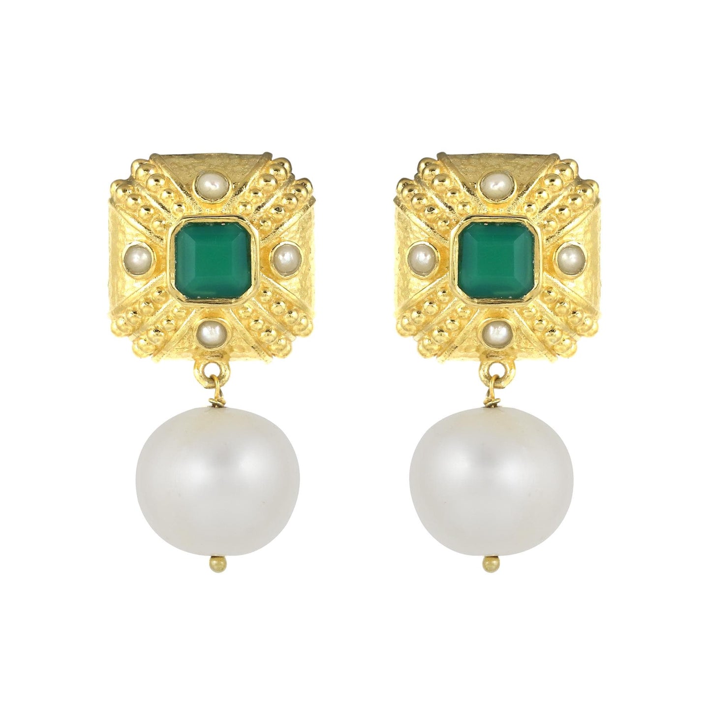 Gold Plated Brass Pearl and Green onyx Statement Cushion Earrings