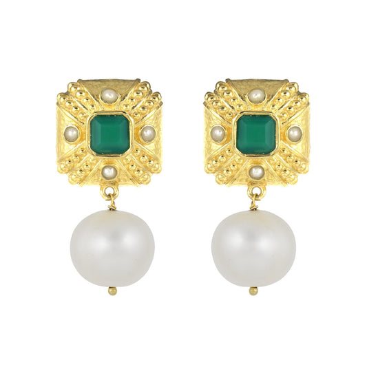 Gold Plated Brass Pearl and Green onyx Statement Cushion Earrings