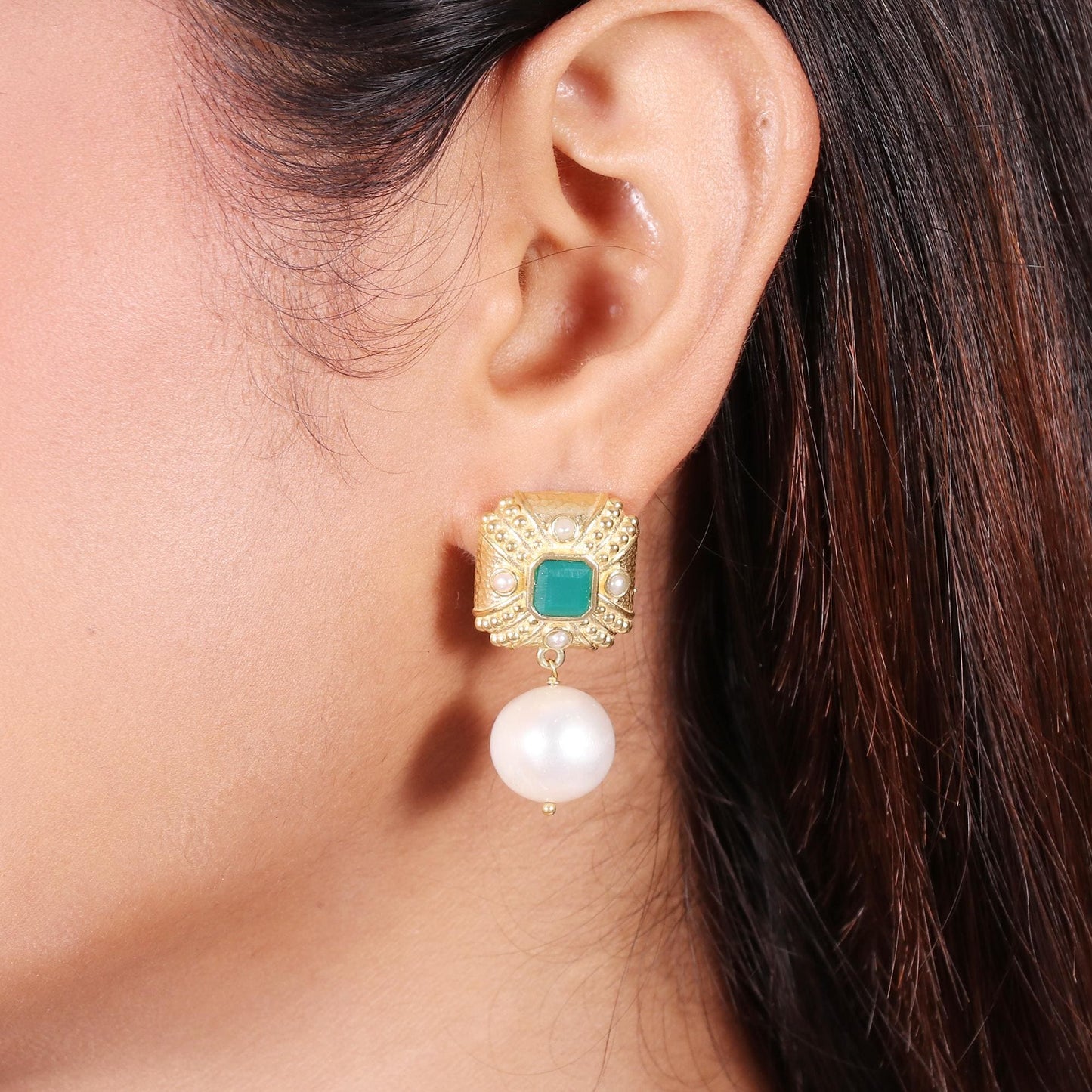 Gold Plated Brass Pearl and Green onyx Statement Cushion Earrings