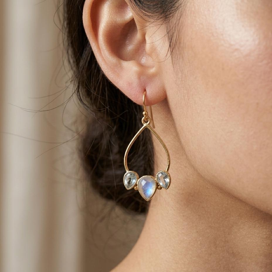 Gold Plated Brass Rainbow Moonstone and Blue Topaz Earrings, Daily wear casual earrings