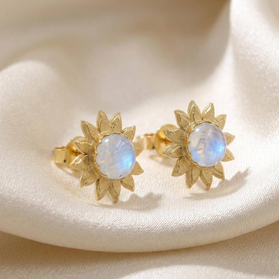 Gold Plated Brass Rainbow Moonstone Earrings, Daily wear casual flower Studs