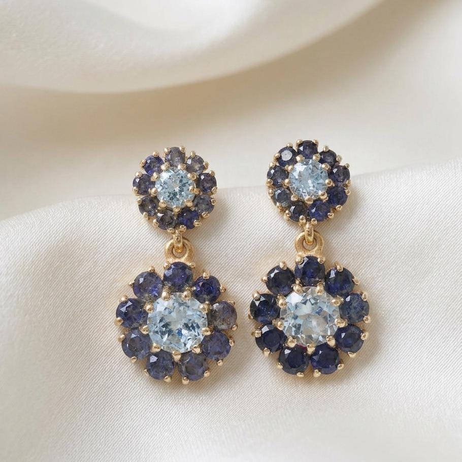 Gold Plated blue stone Earrings, Blue topaz and Iolite Gemstone Statement Pair