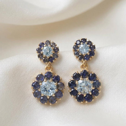 Gold Plated blue stone Earrings, Blue topaz and Iolite Gemstone Statement Pair