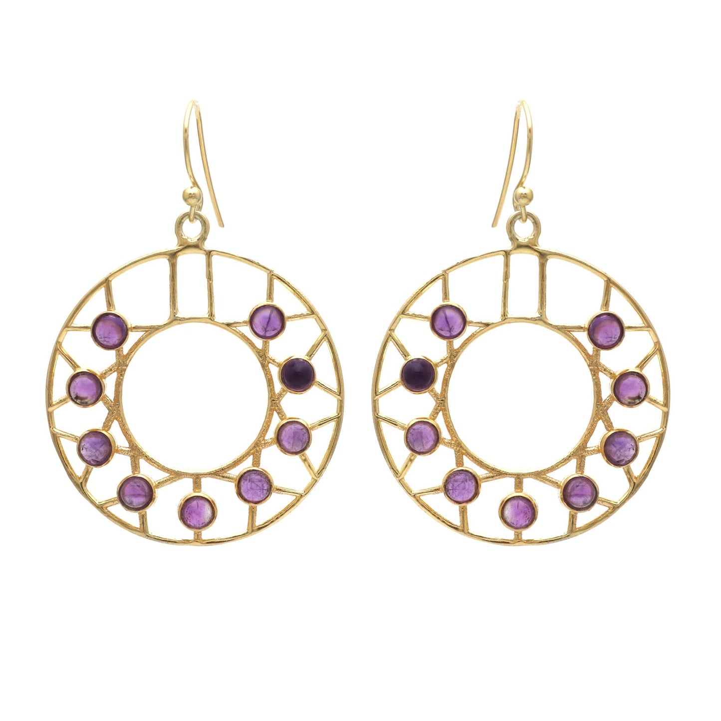 Gold Plated Brass Amethyst Round Earrings, Multi gemstone filigree earrings