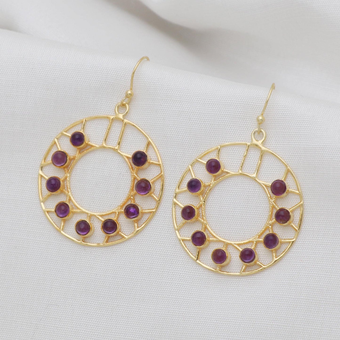 Gold Plated Brass Amethyst Round Earrings, Multi gemstone filigree earrings