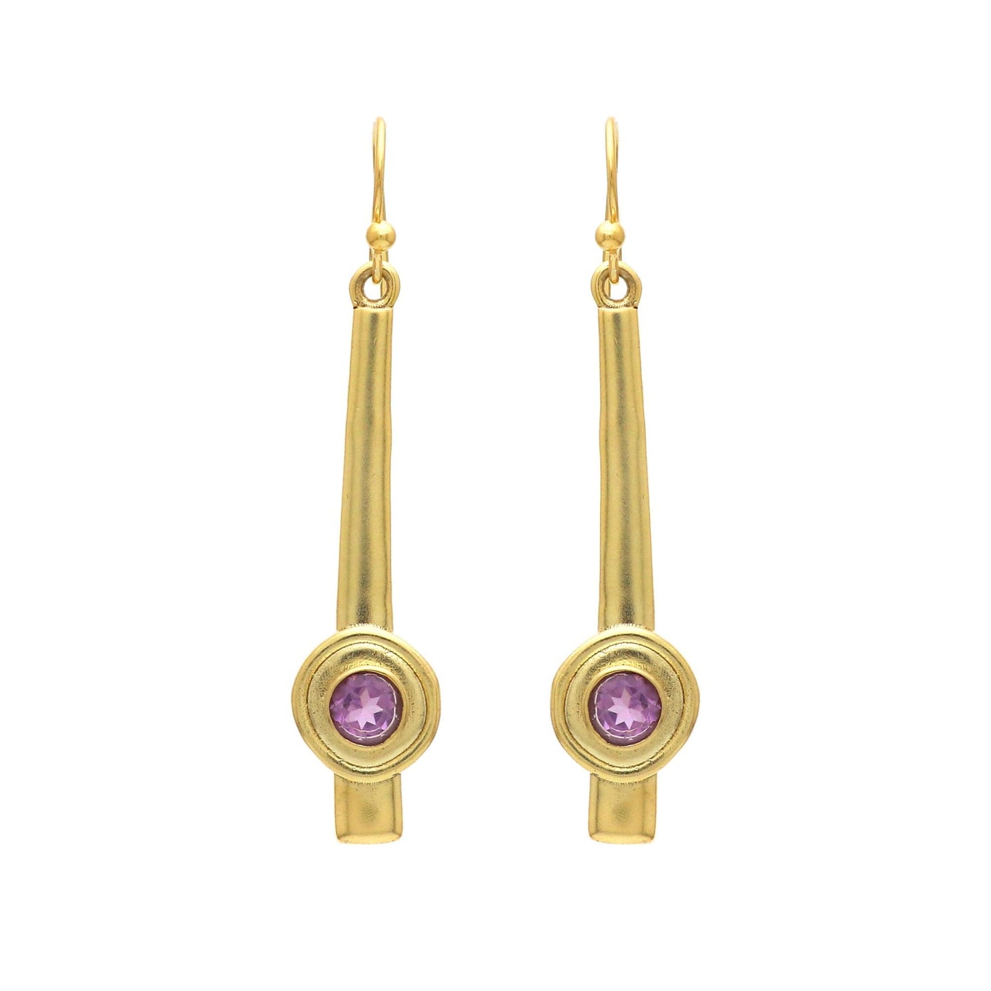Gold Plated Brass Long Amethyst Earrings, Office wear jewelry for women