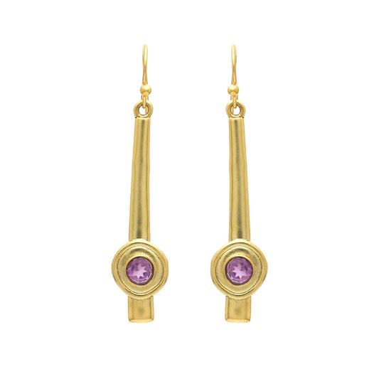 Gold Plated Brass Long Amethyst Earrings, Office wear jewelry for women