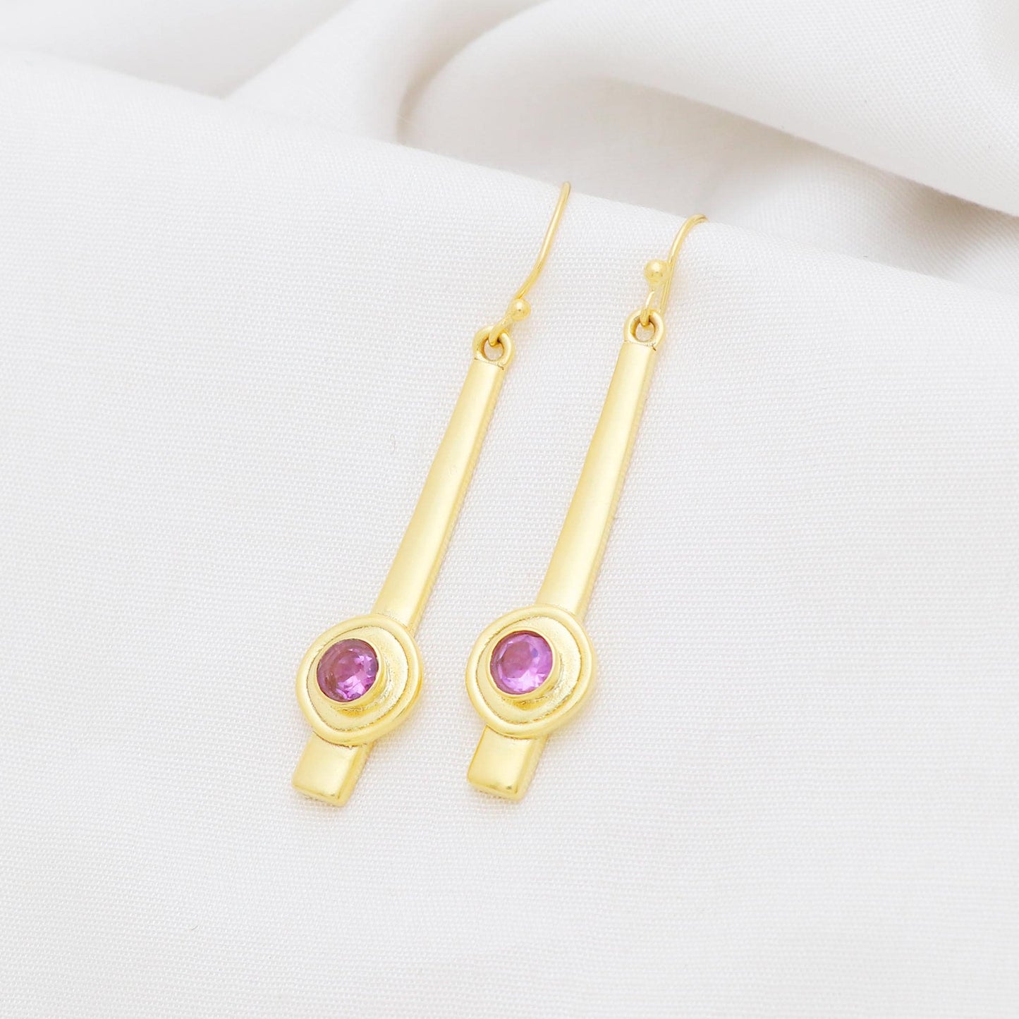 Gold Plated Brass Long Amethyst Earrings, Office wear jewelry for women