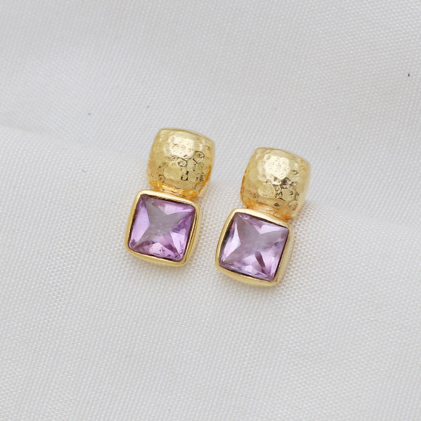 Gold Plated Brass Square Amethyst Earrings, Office wear studs for women