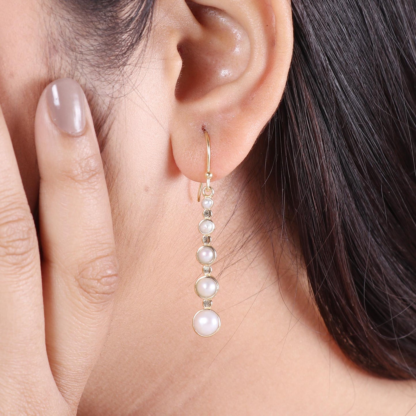 Gold Plated Brass Long Pearl Earrings, Office wear jewelry for women
