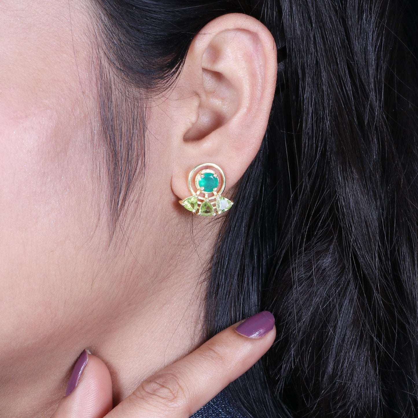 Multi Stone Gold Plated Brass Peridot and Green Onyx Stud Earrings, Office wear studs