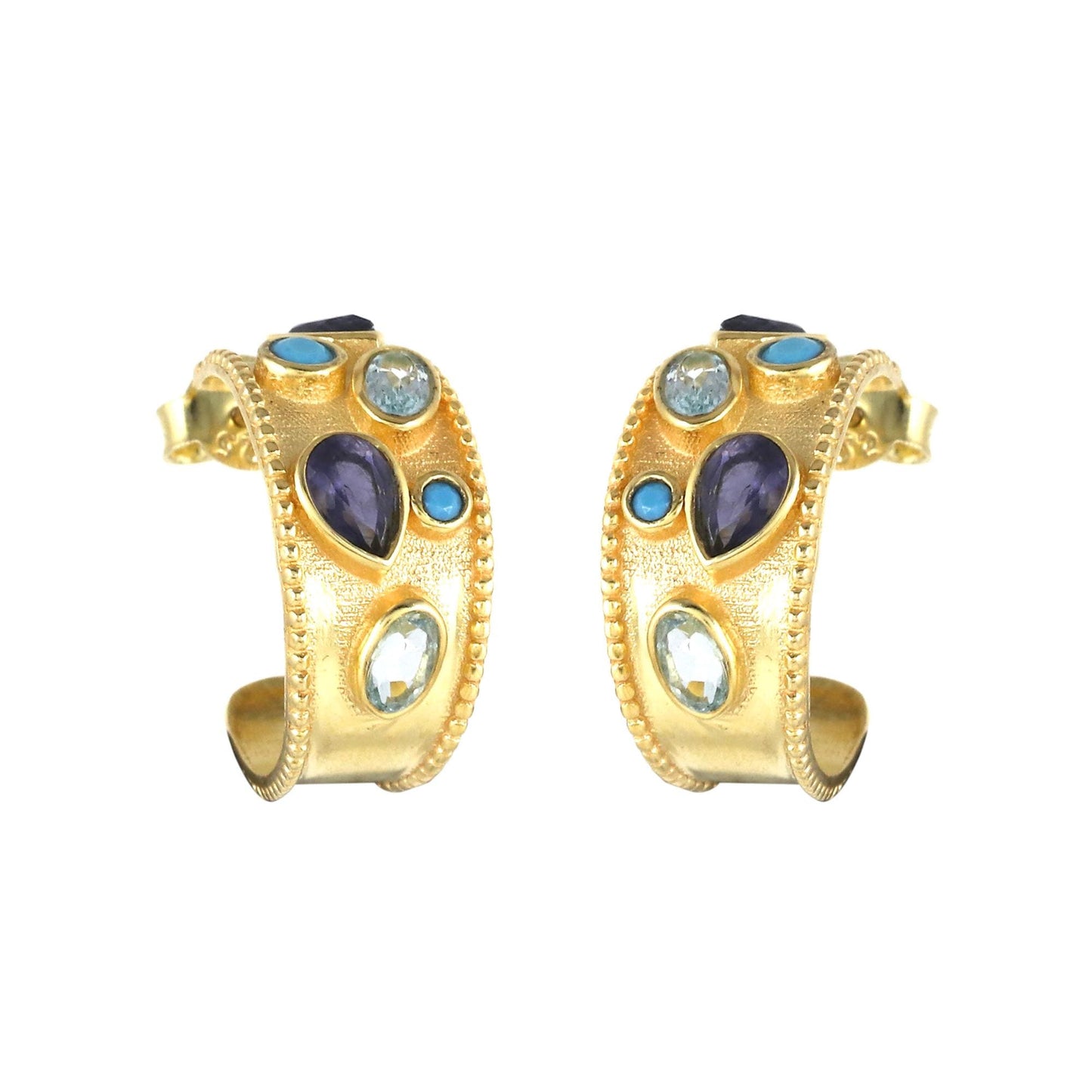 Multi Stone Gold Plated Brass Blue Topaz,Iolite and Turquoise Hoop Earrings, 20mm Hoops